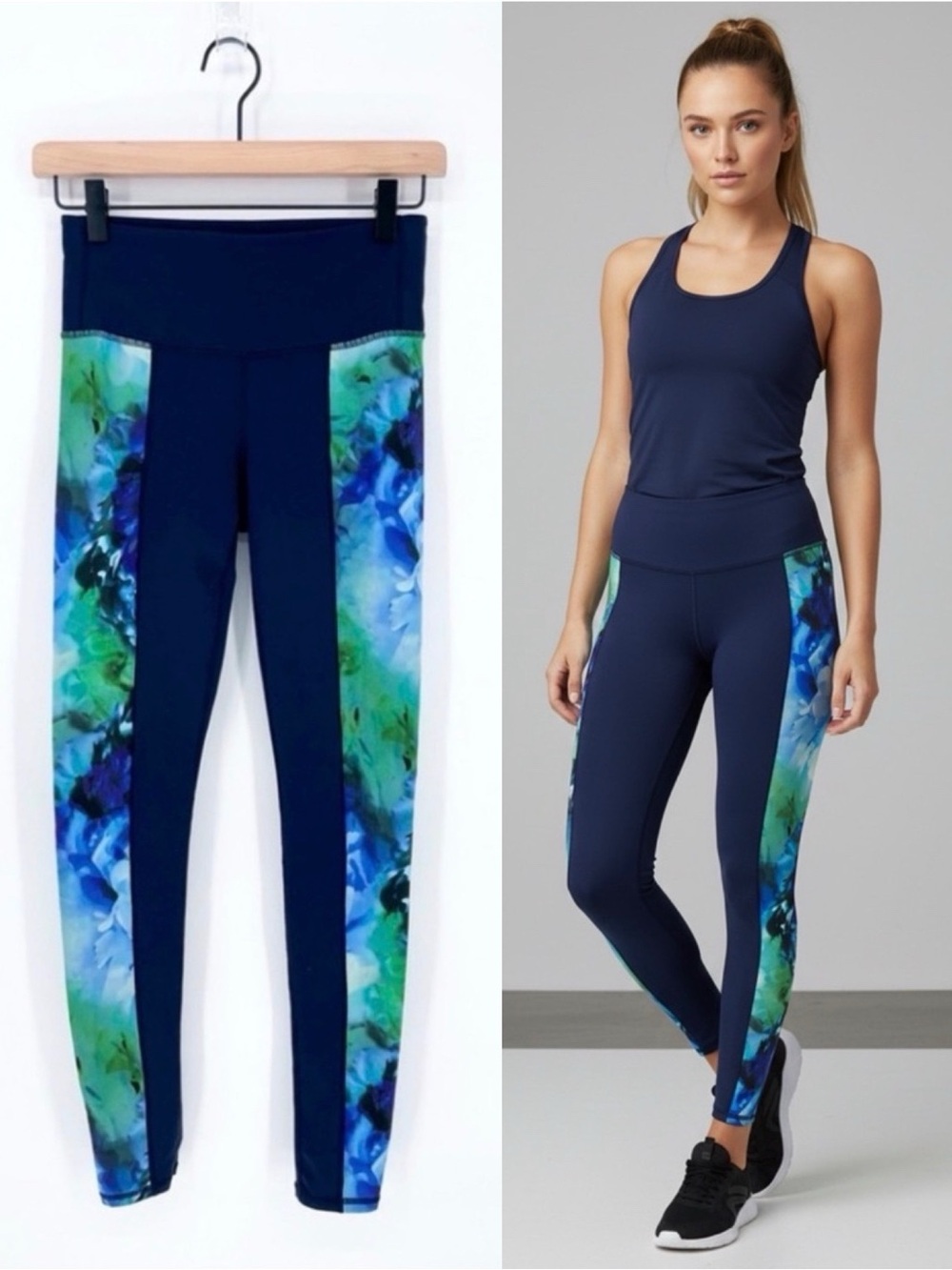 ☀️ 3/$25 Athleta Bloom Chaturanga Watercolor Floral Paneled Leggings Blue XS